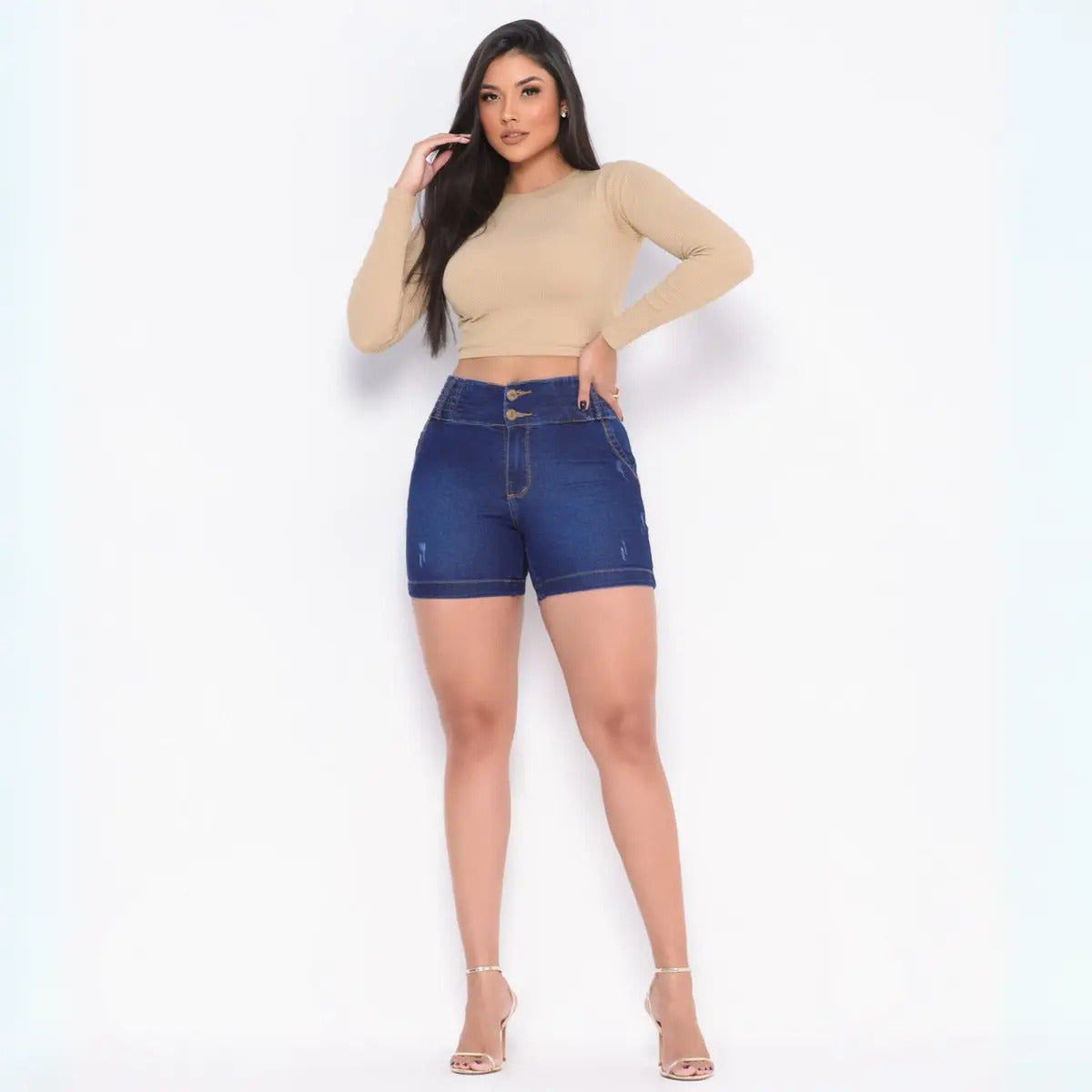 Bermuda Meia Coxa Jeans Feminina Com Lycra Cós Alto