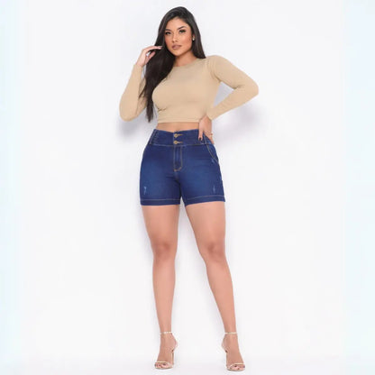 Bermuda Meia Coxa Jeans Feminina Com Lycra Cós Alto
