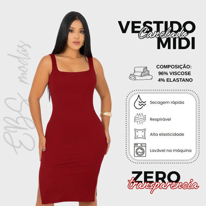 Vestido Midi Canelado Premium Com Alça E Fendas Casual Básico