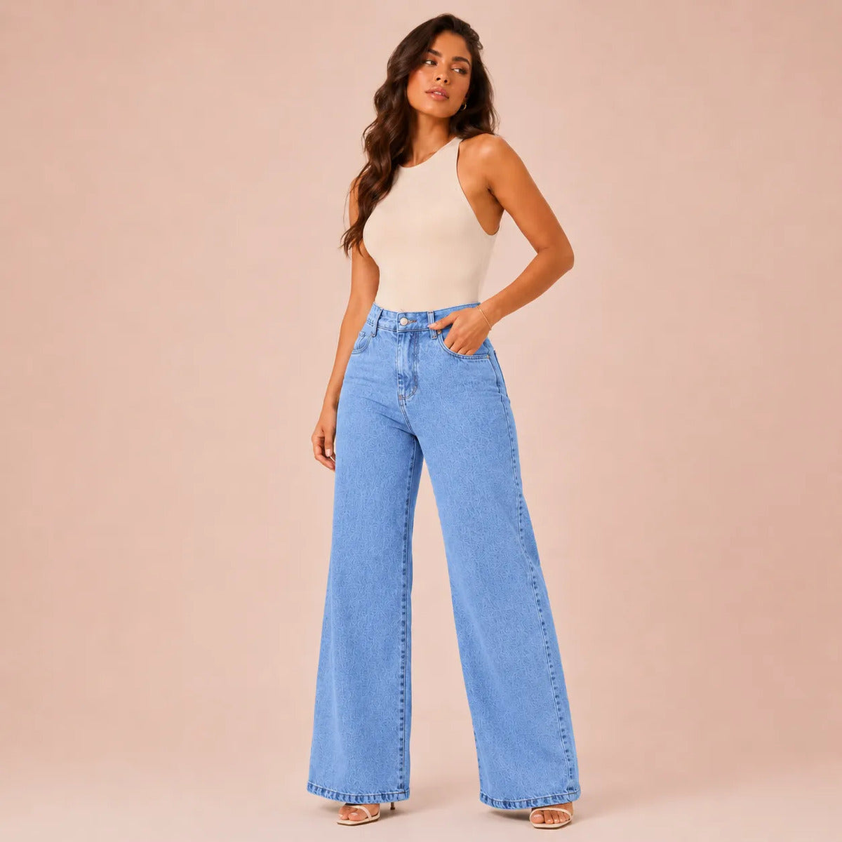 Calça Jeans Pantalona Wide Leg Feminina Cintura Alta Larga