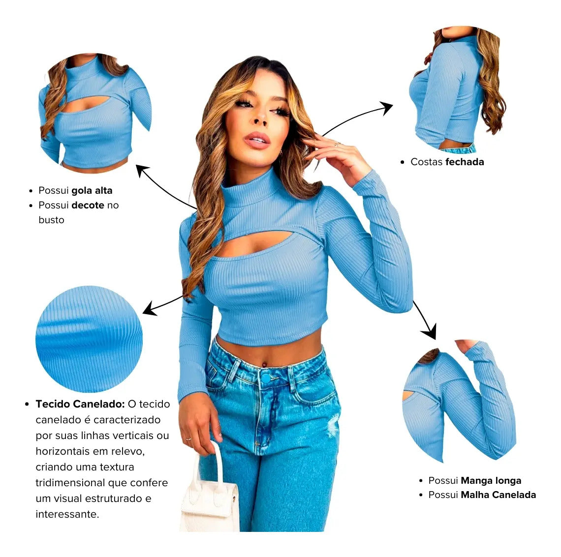 Cropped Gringa Manga Longa Blusinha Blogueira Gola Alta