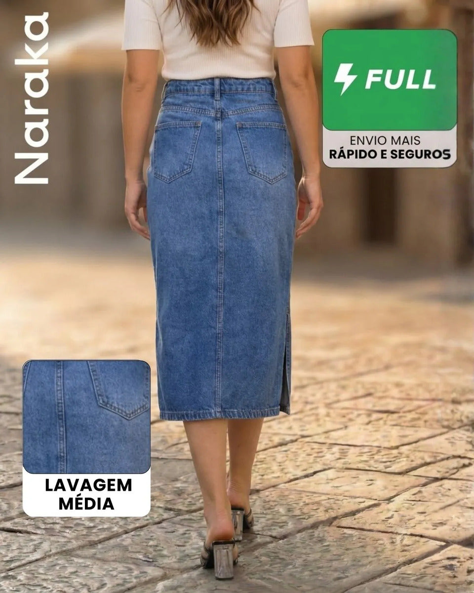 Saia Jeans Feminina Longa Midi Evangélica Cintura Alta