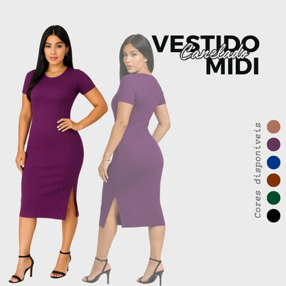 Vestido Canelado Midi Com Manga e Fenda Lateral Casual Básico