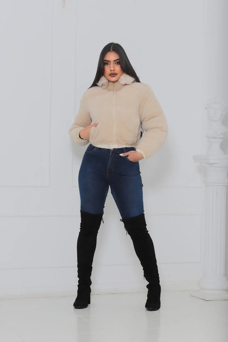 Jaqueta Feminina De Inverno Cropped Dupla Face Com Capuz