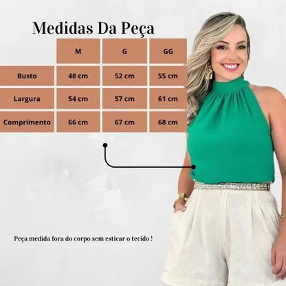 Blusa Feminina Regata Gola Alta Plissada Elegante