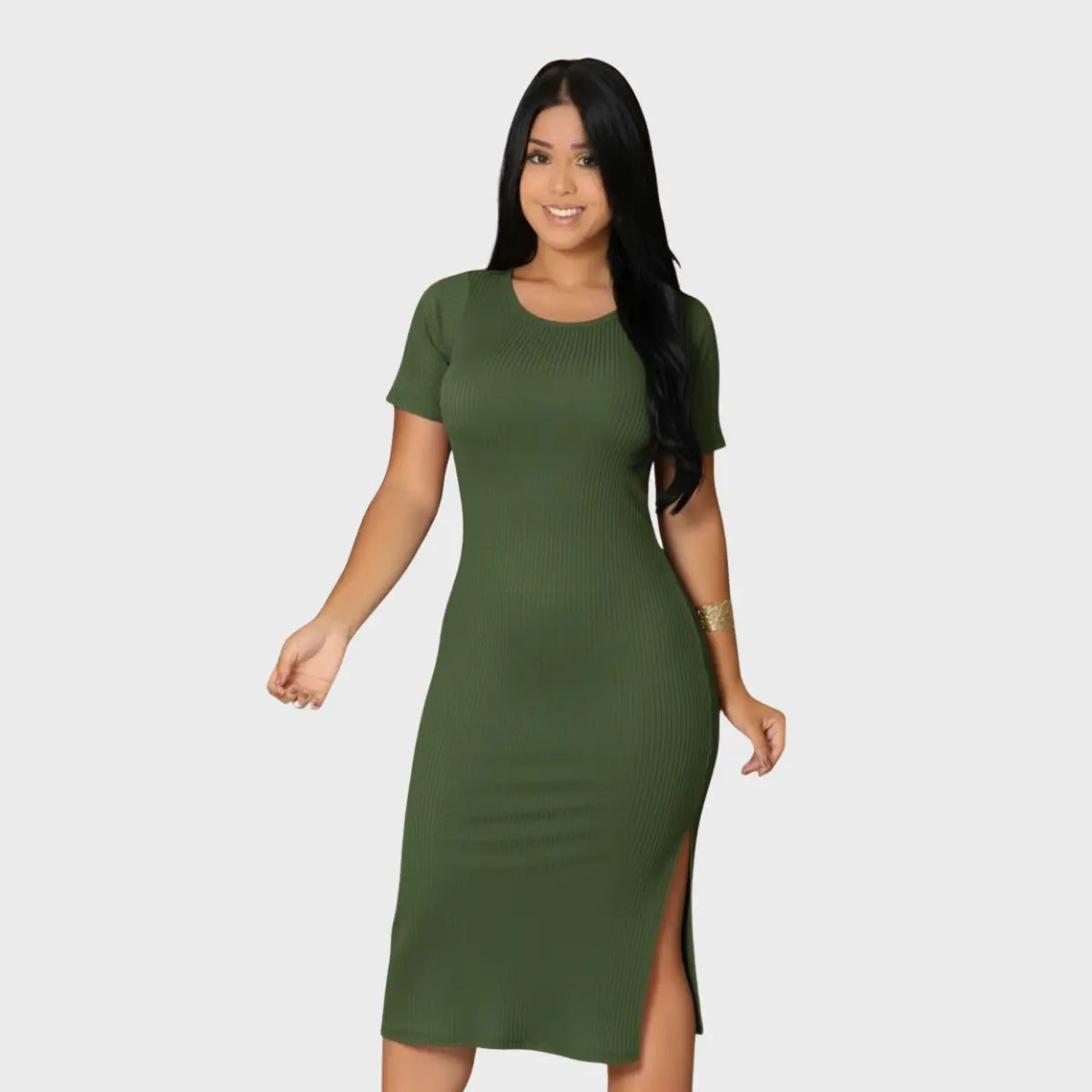 Vestido Canelado Midi Com Manga e Fenda Lateral Casual Básico