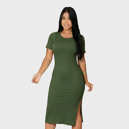 Vestido Canelado Midi Com Manga e Fenda Lateral Casual Básico