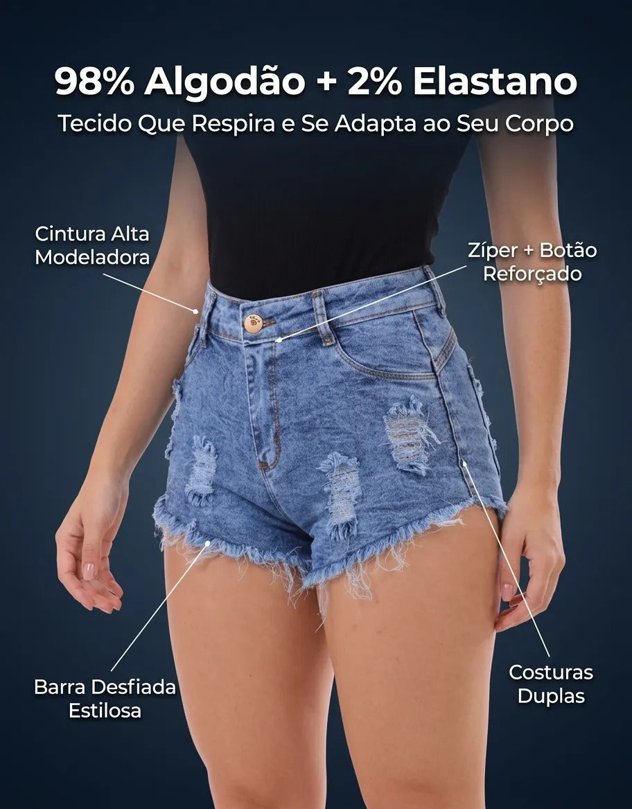 Short Jeans Feminino Cintura Alta Com Lycra Barra Desfiada
