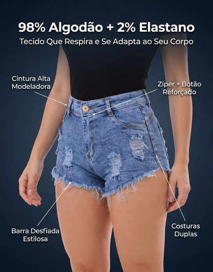 Short Jeans Feminino Cintura Alta Com Lycra Barra Desfiada