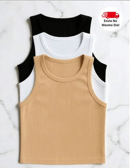 Kit 3 Peças Regata Cropped Feminina Básica Canelada