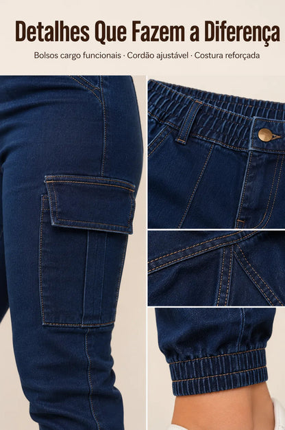 Calça Cargo Jogger Jeans Feminina Cintura Alta Com Lycra