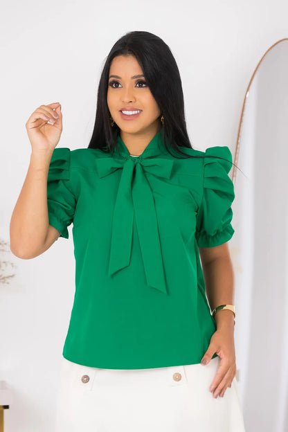Blusa Emily Gola Laço Manga Curta Bufante
