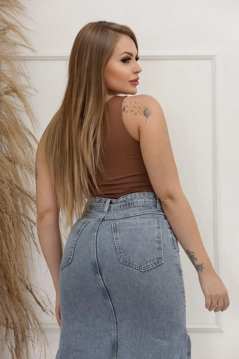 Saia Jeans Longa Midi Feminina Cintura Alta Com Fenda