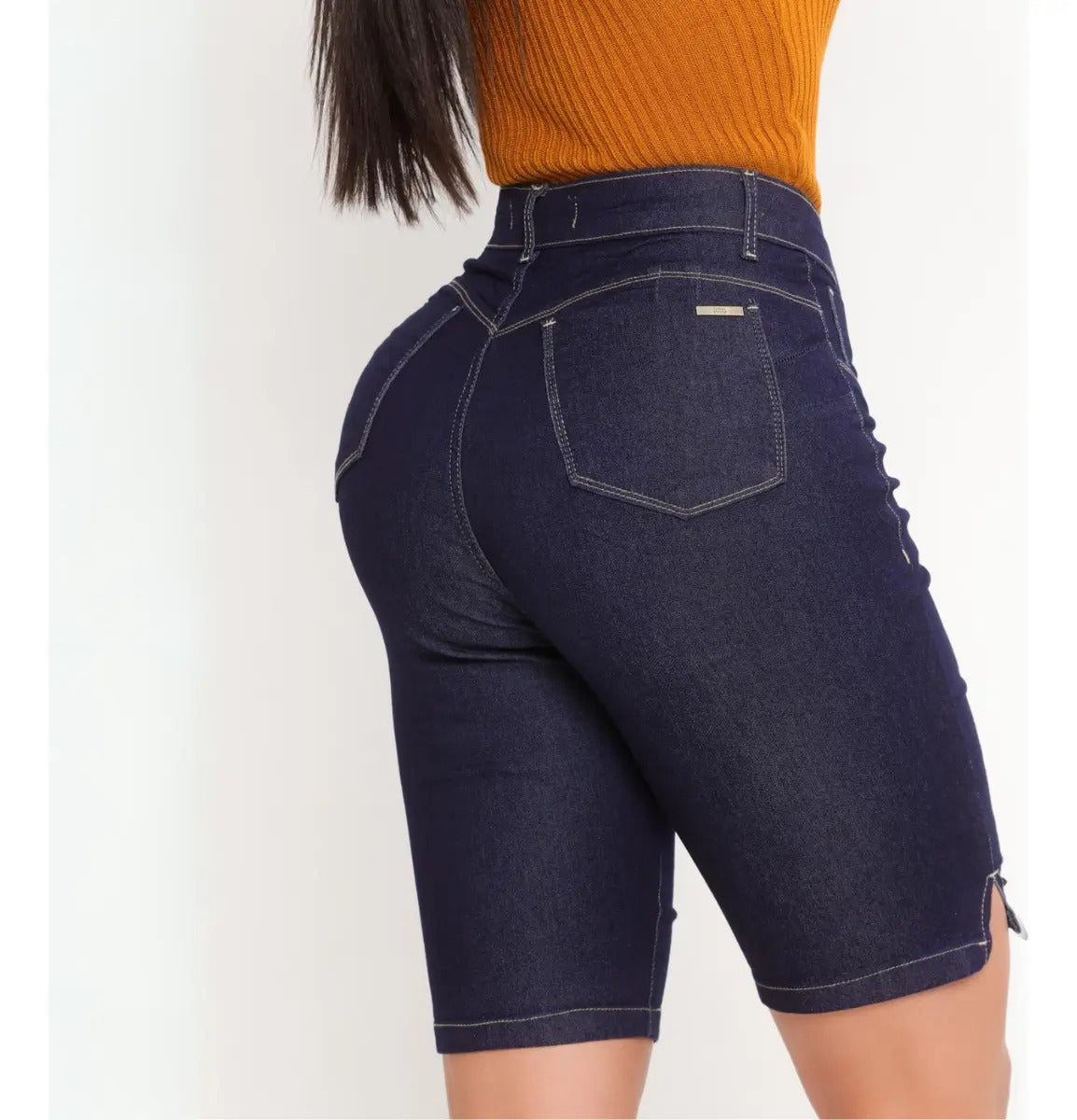 Bermuda Ciclista Jeans Feminina Com Lycra Cós Alto