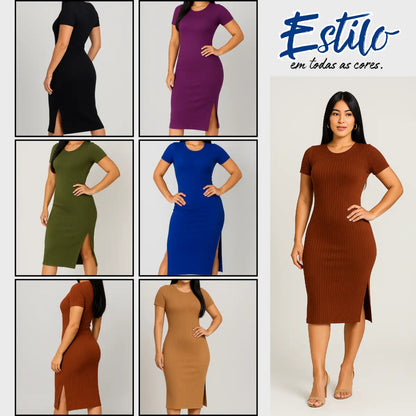 Vestido Canelado Midi Com Manga e Fenda Lateral Casual Básico