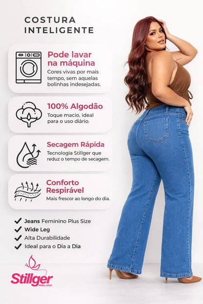 Calça Plus Size Jeans Feminina Wide Leg Levanta Bumbum