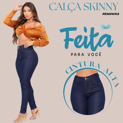 Calça Preta Jeans Feminina Com Elastano Cintura Alta Skinny