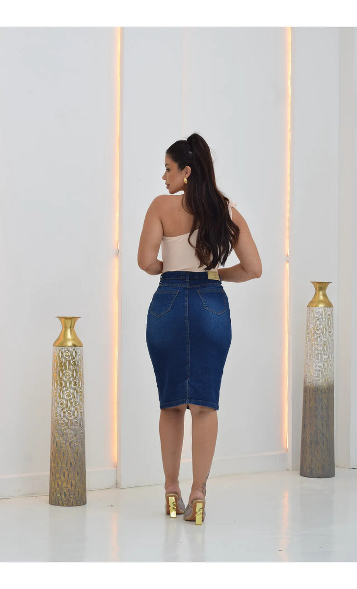 Saia Jeans Feminina Evangelica Cintura Alta Midi