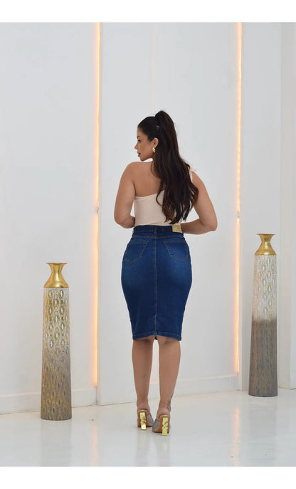 Saia Jeans Feminina Evangelica Cintura Alta Midi