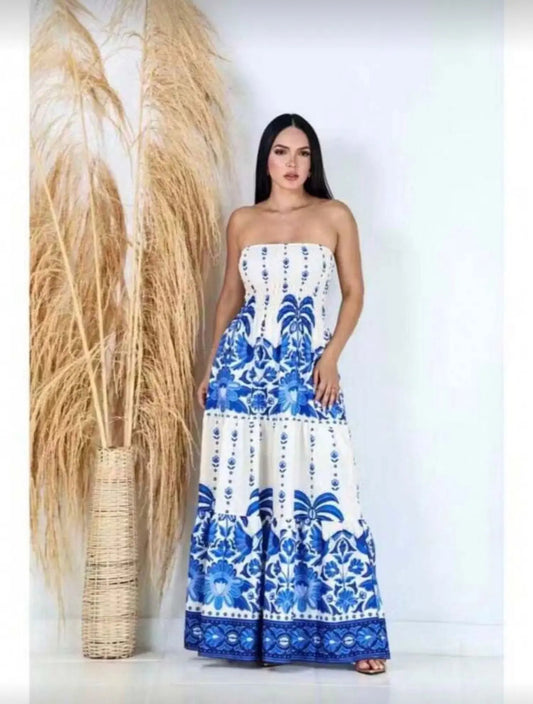 Lightweight Elastic Floral Strapless Long Dress Summer Fashion