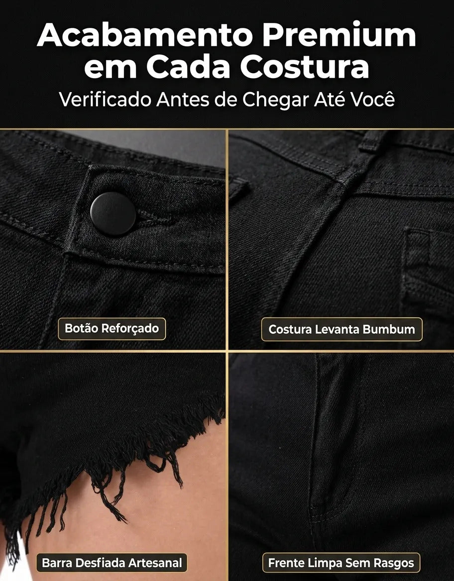 Short Jeans Feminino Cintura Alta Com Lycra Barra Desfiada