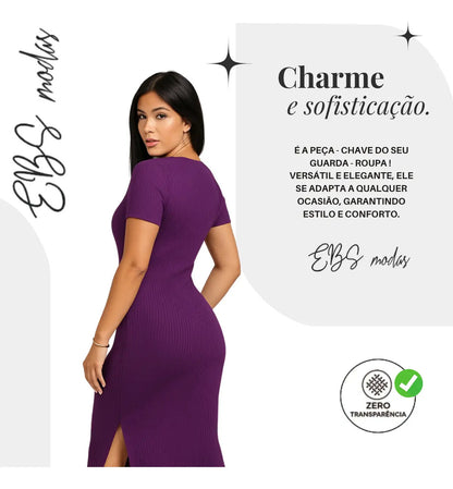 Vestido Canelado Midi Com Manga e Fenda Lateral Casual Básico