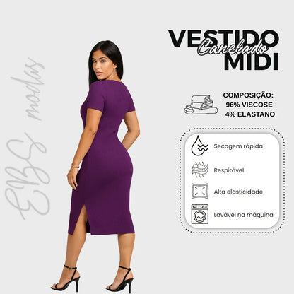 Vestido Canelado Midi Com Manga e Fenda Lateral Casual Básico