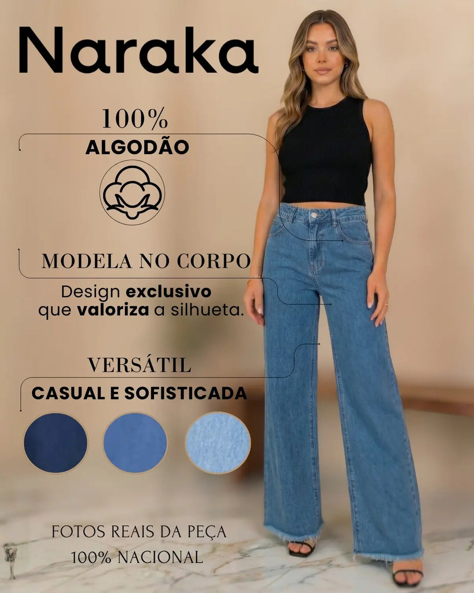 Calça Wide Leg Jeans Feminina Cintura Alta Levanta Bumbum