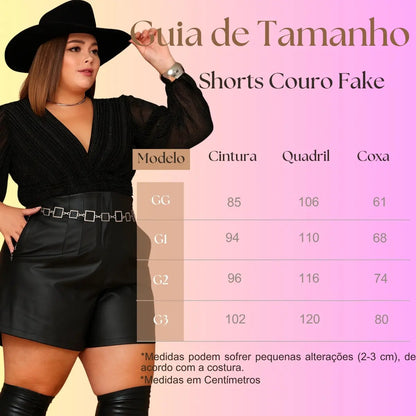 Short Couro Fake Feminino Plus Size Cintura Alta Festa Luxo