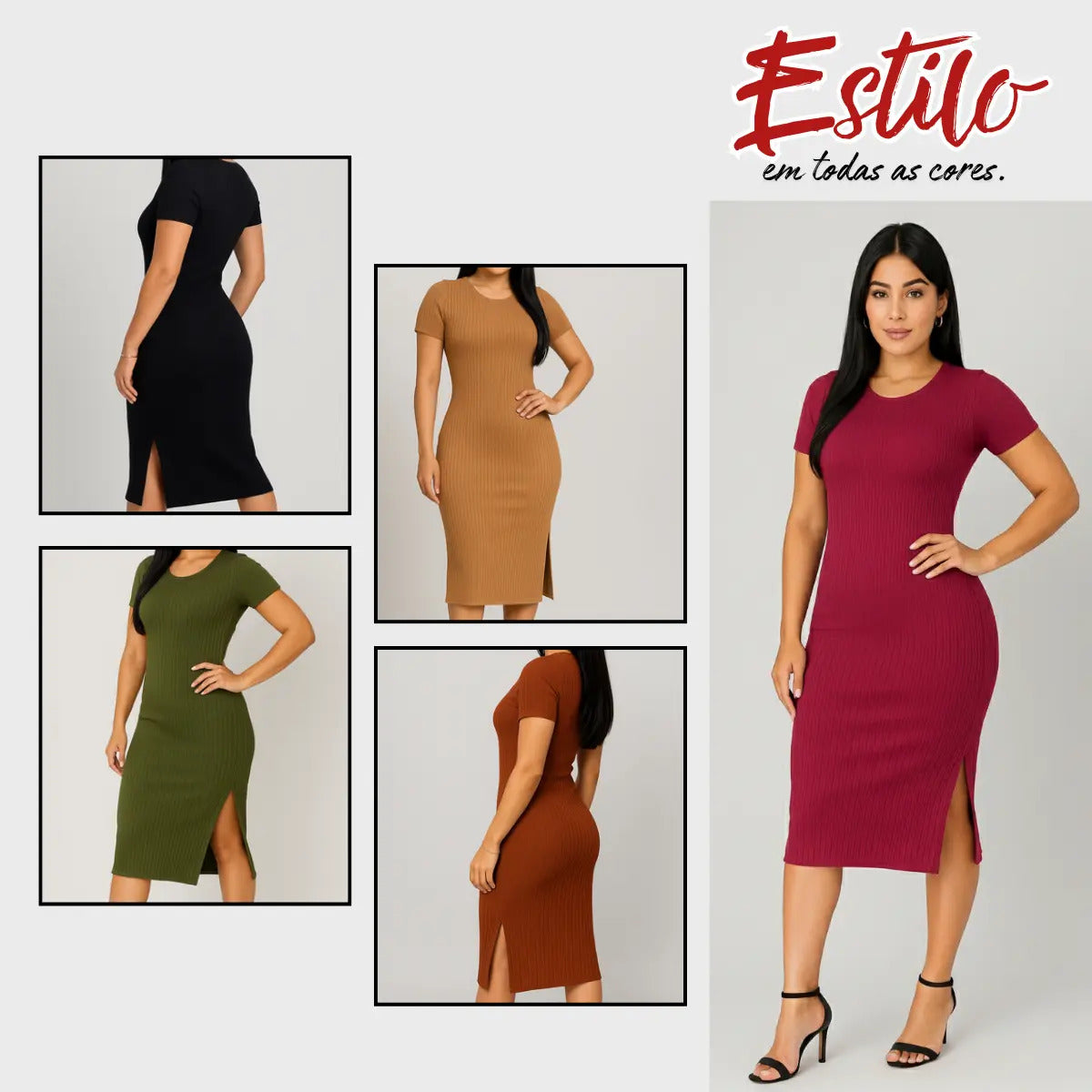 Vestido Canelado Midi Com Manga e Fenda Lateral Casual Básico