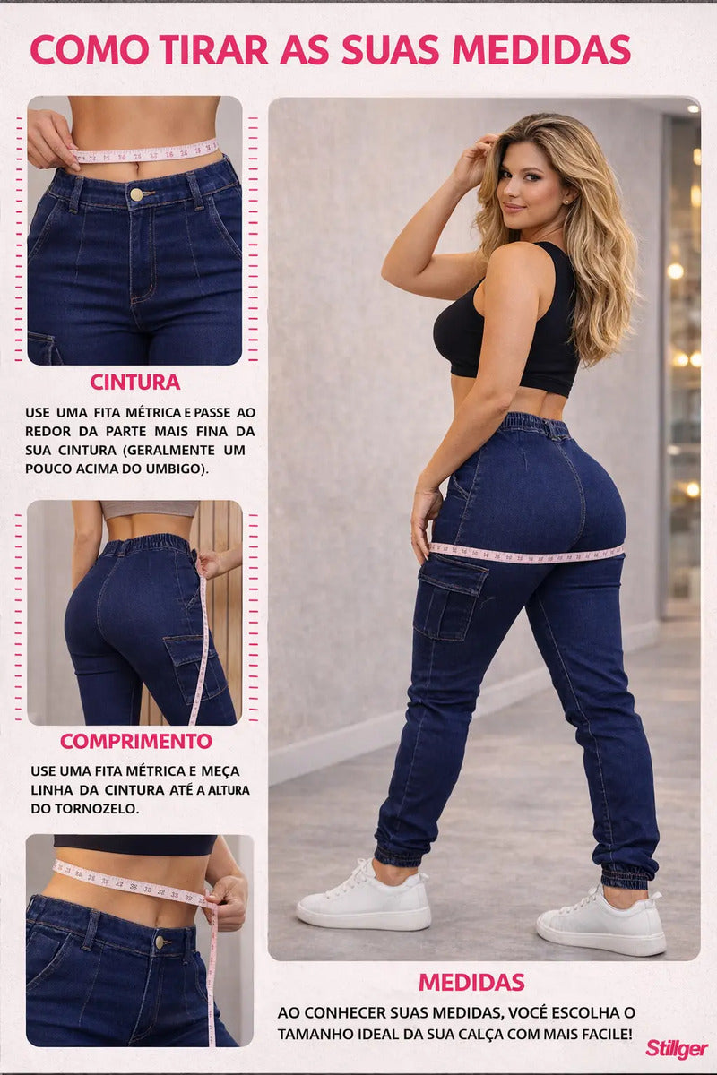 Calça Cargo Jogger Jeans Feminina Cintura Alta Com Lycra