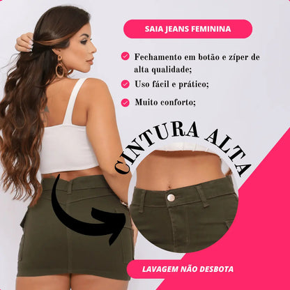 Saia Cargo Feminina Cintura Alta Com Lycra Levanta Bumbum