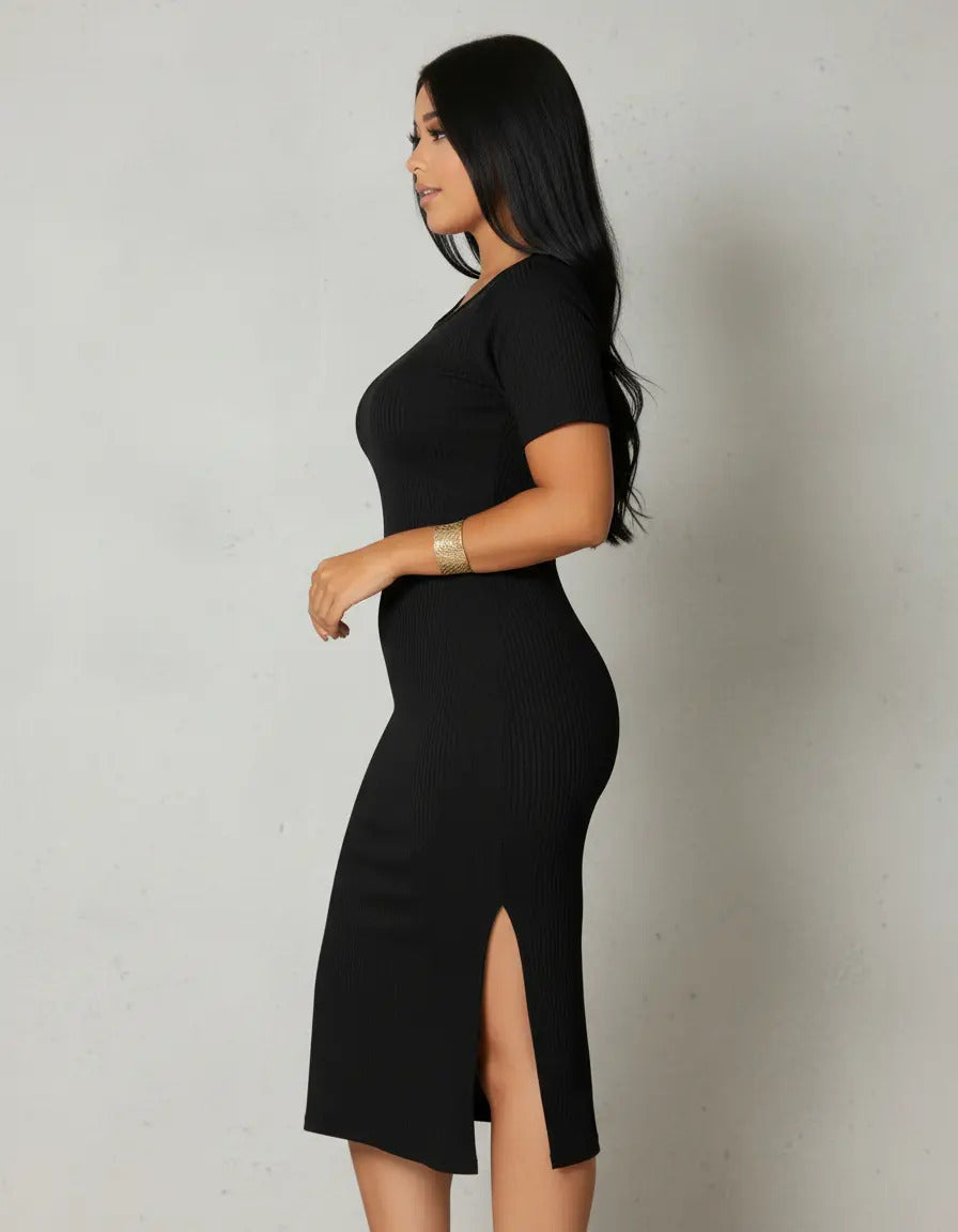 Vestido Canelado Midi Com Manga e Fenda Lateral Casual Básico