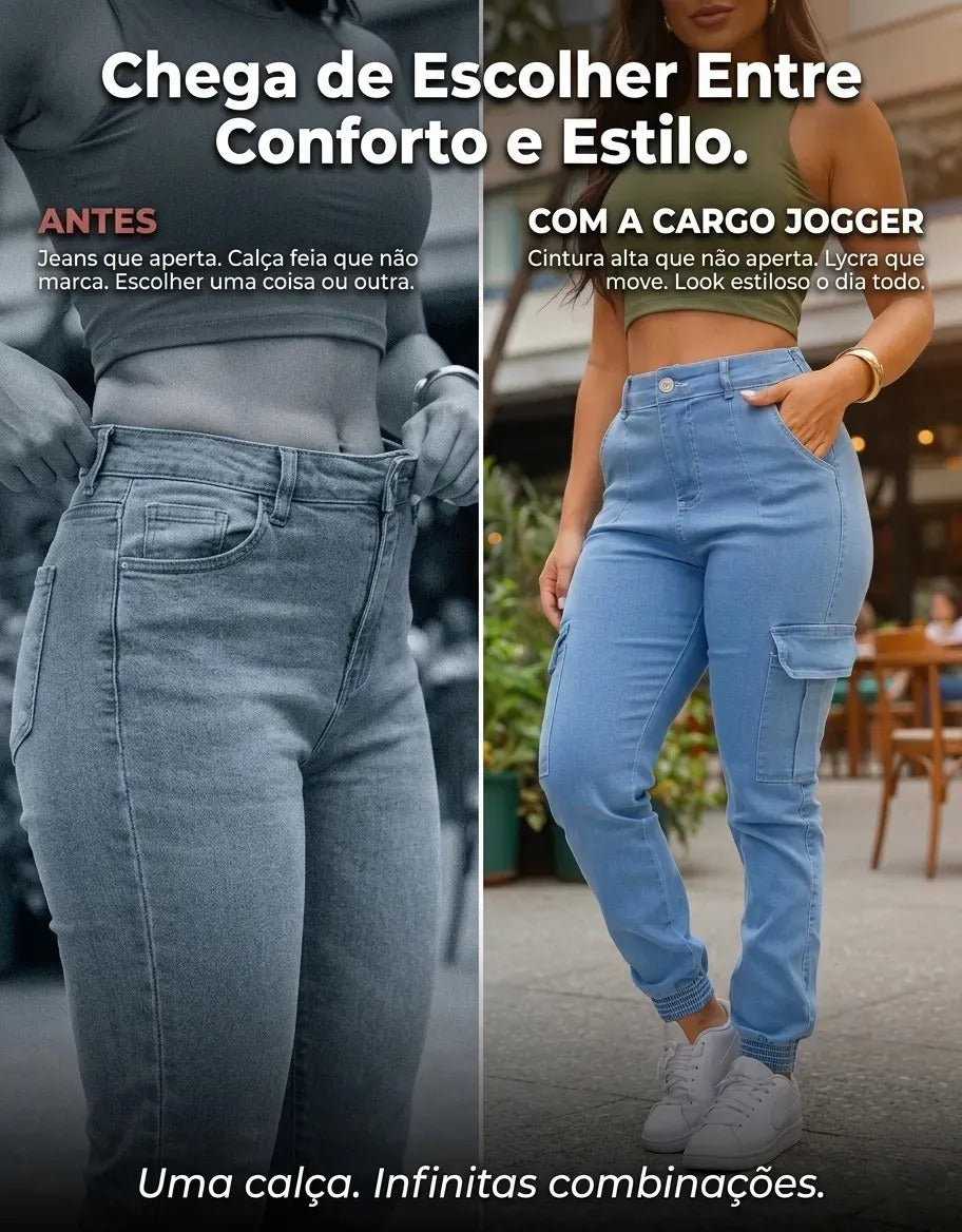 Calça Cargo Jogger Jeans Feminina Cintura Alta Com Lycra