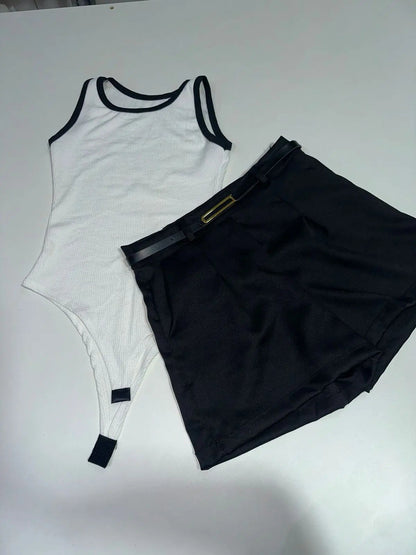 Kit Short Alfaiataria Body Canelado Feminino Liso