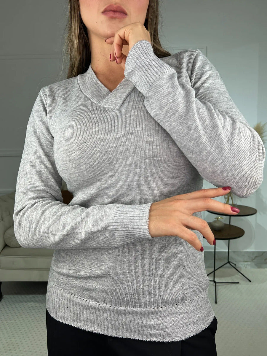 Blusa Trico Basica De Frio Feminina Decote V Manga Longa