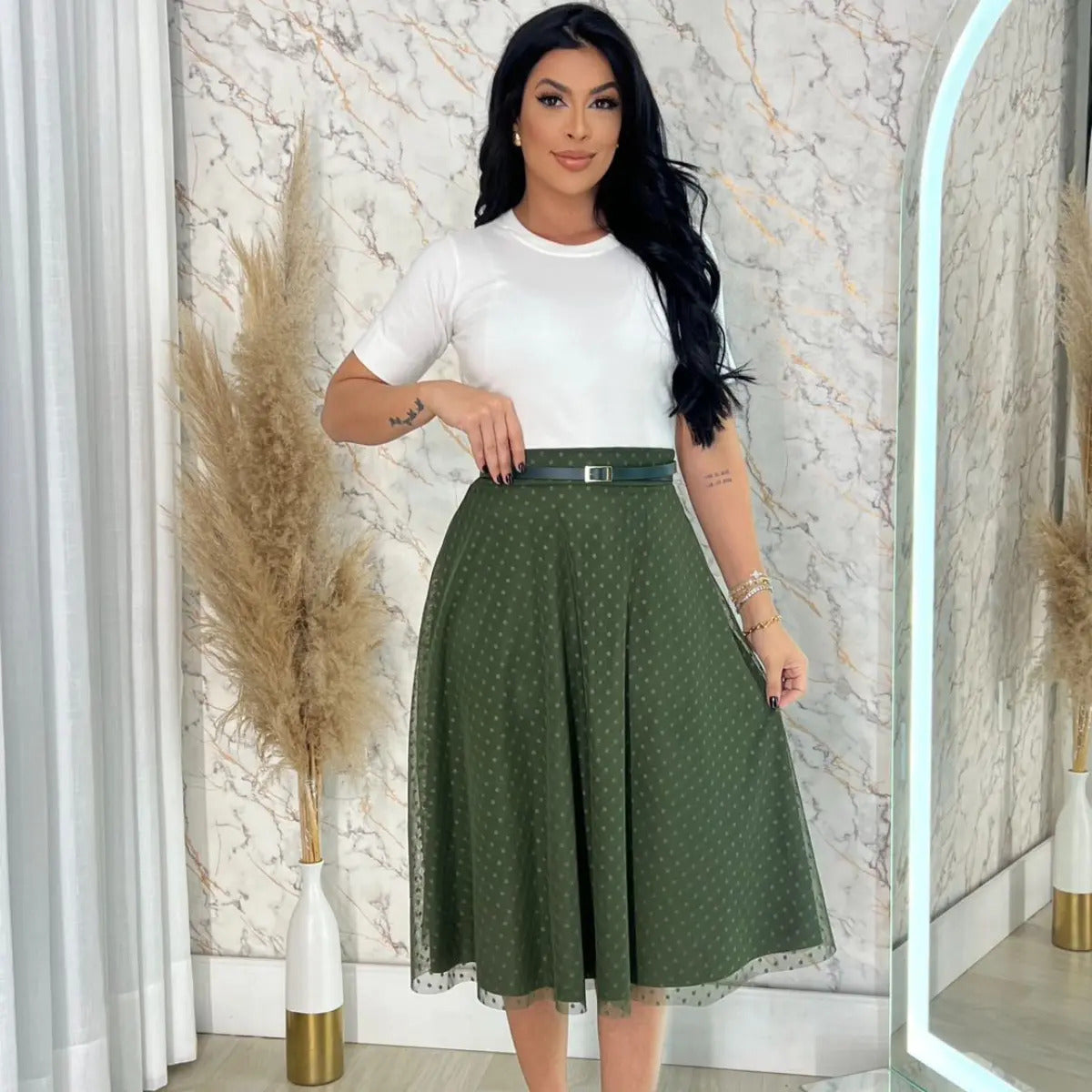 Saia Moda Evangélica Godê De Tule Mídi Com Cinto Moda Cristã