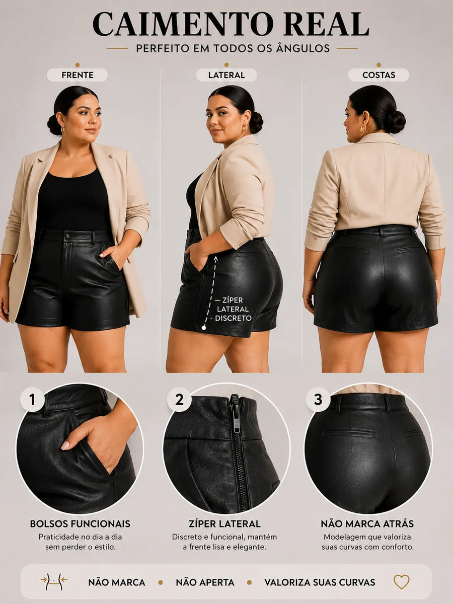 Bermuda Couro Fake Plus Size Feminina Cintura Alta Casual