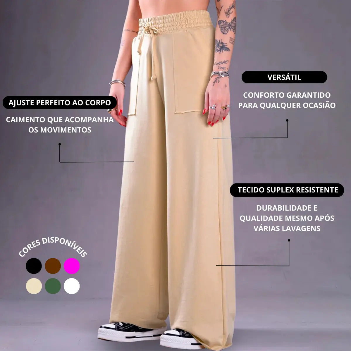 Calça Pantalona Feminina Moletinho Elegante Casual Cintura