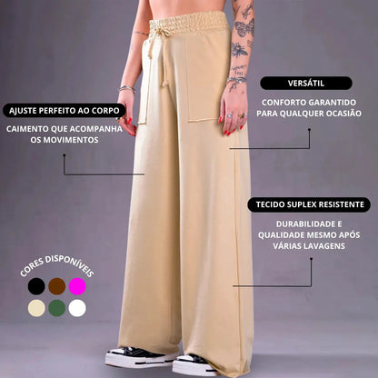 Calça Pantalona Feminina Moletinho Elegante Casual Cintura