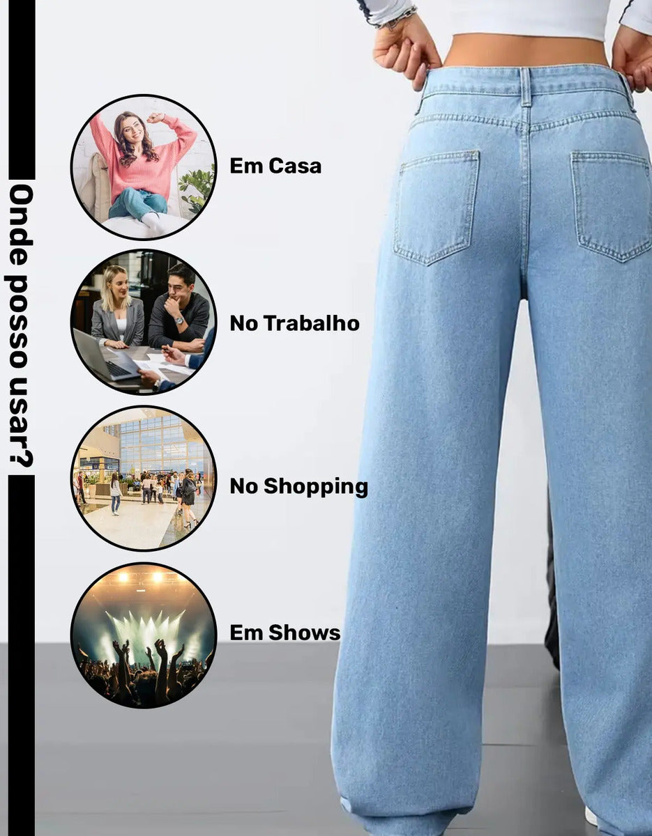 Calça Wide Leg Jeans Feminina Reta Perna Larga Empina Bumbum