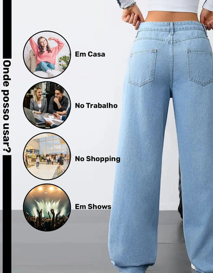 Calça Wide Leg Jeans Feminina Reta Perna Larga Empina Bumbum