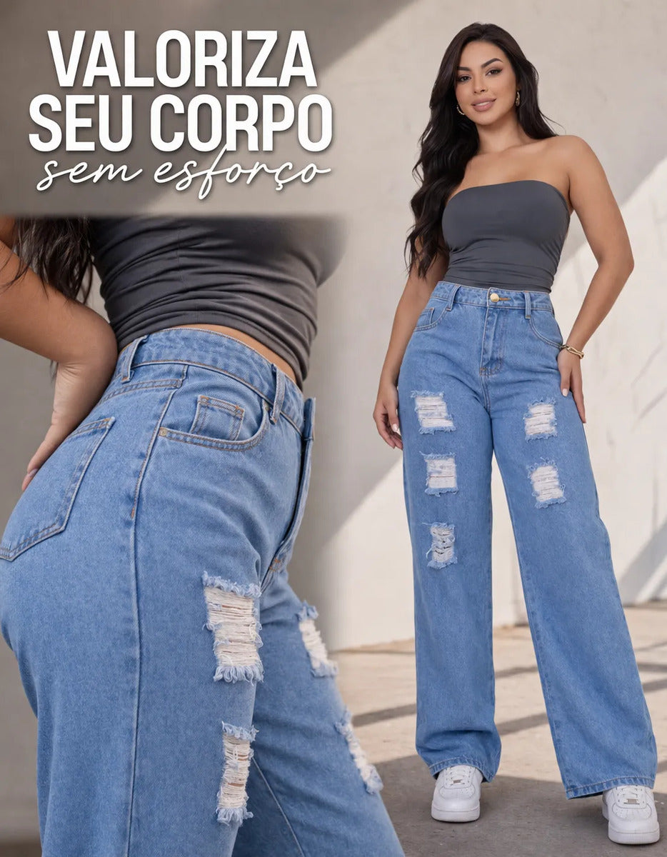 Calça Jeans Wide Leg Feminina Cintura Alta Sem Lycra Stillge