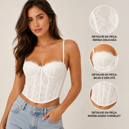 Cropped Corset Renda Ajustavel Top Curto E Sexy Com Alça