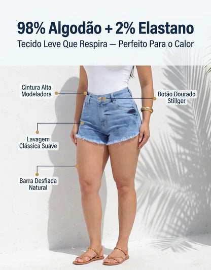 Short Jeans Feminino Cintura Alta Com Lycra Barra Desfiada