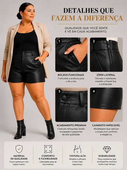 Bermuda Couro Fake Plus Size Feminina Cintura Alta Casual