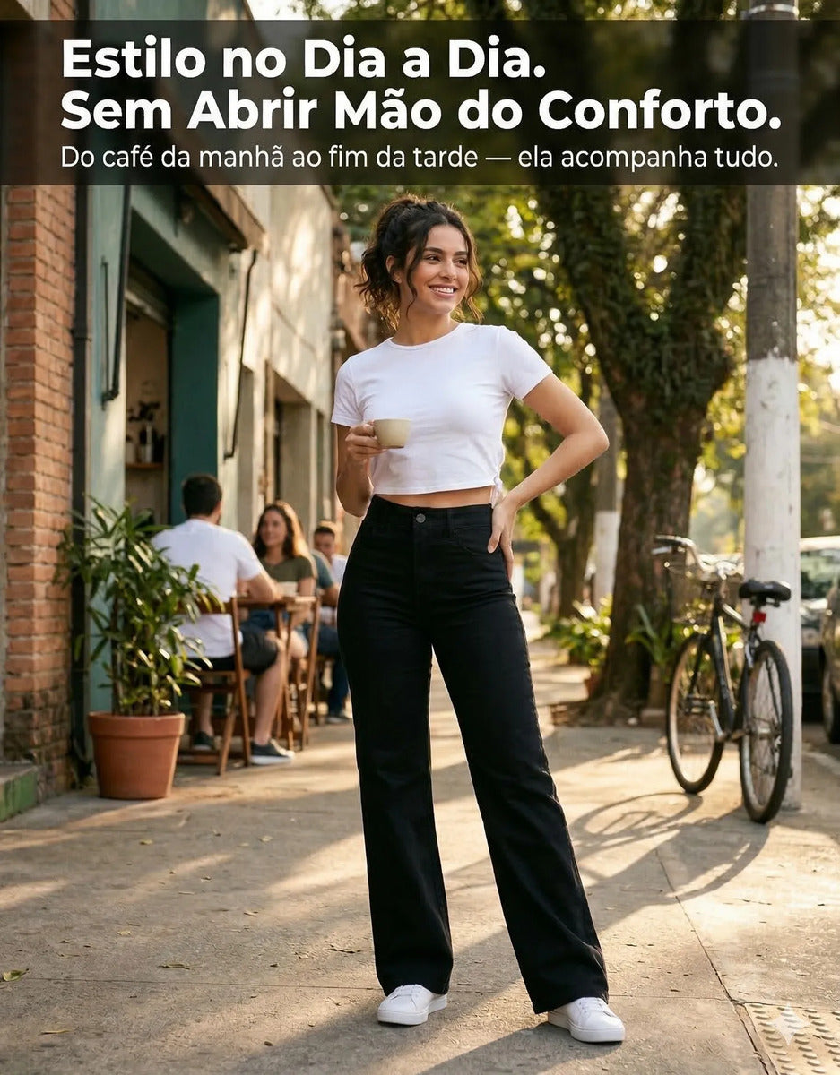 Calça Jeans Wide Leg Feminina Cintura Alta Sem Lycra Stillge