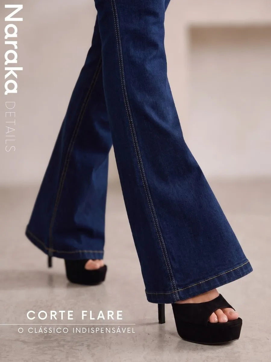 Calça Jeans Flare Feminina Cintura Alta Com Elastano