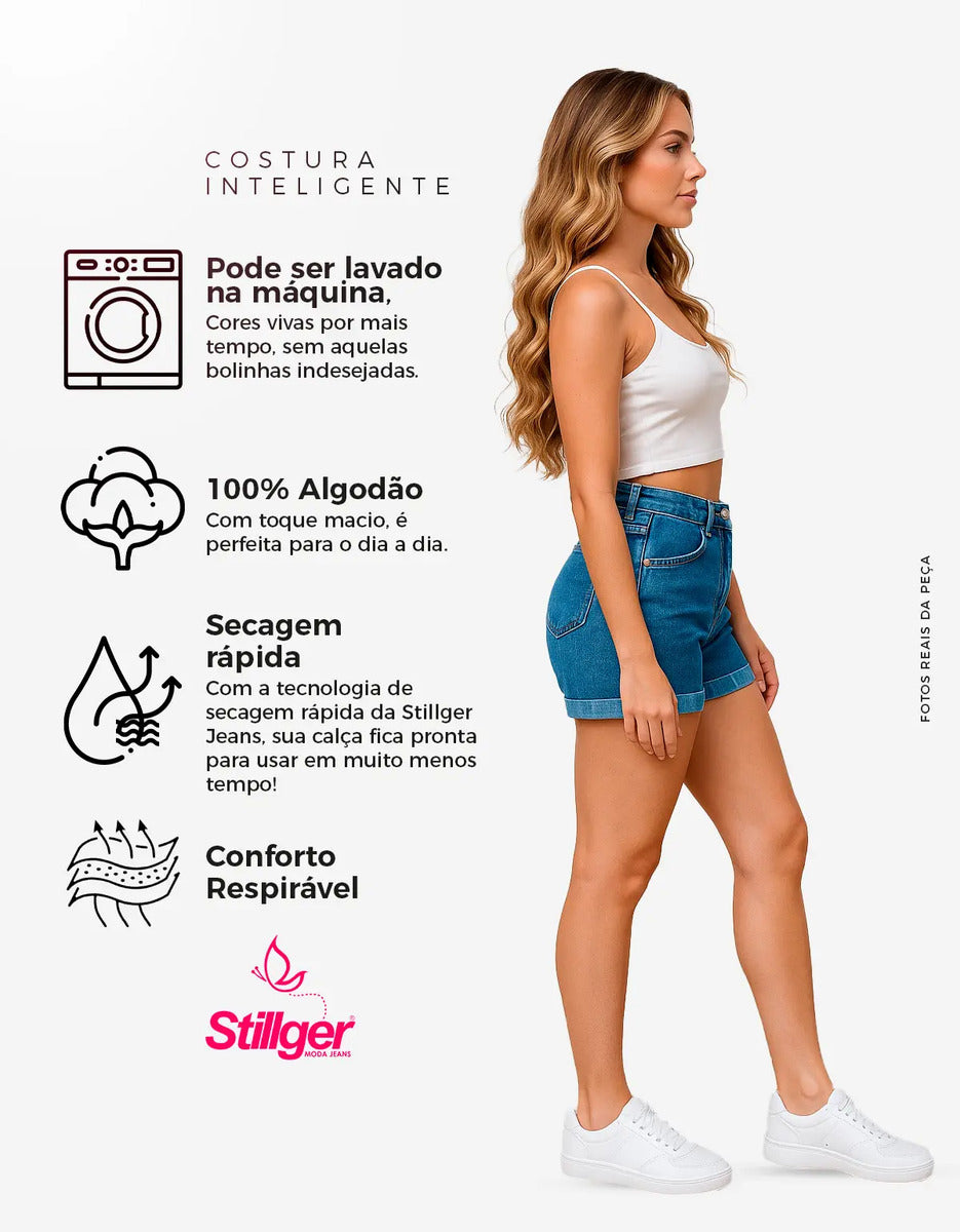 Short Jeans Feminino Cintura Alta C/ Lycra Hot Pant Stillger