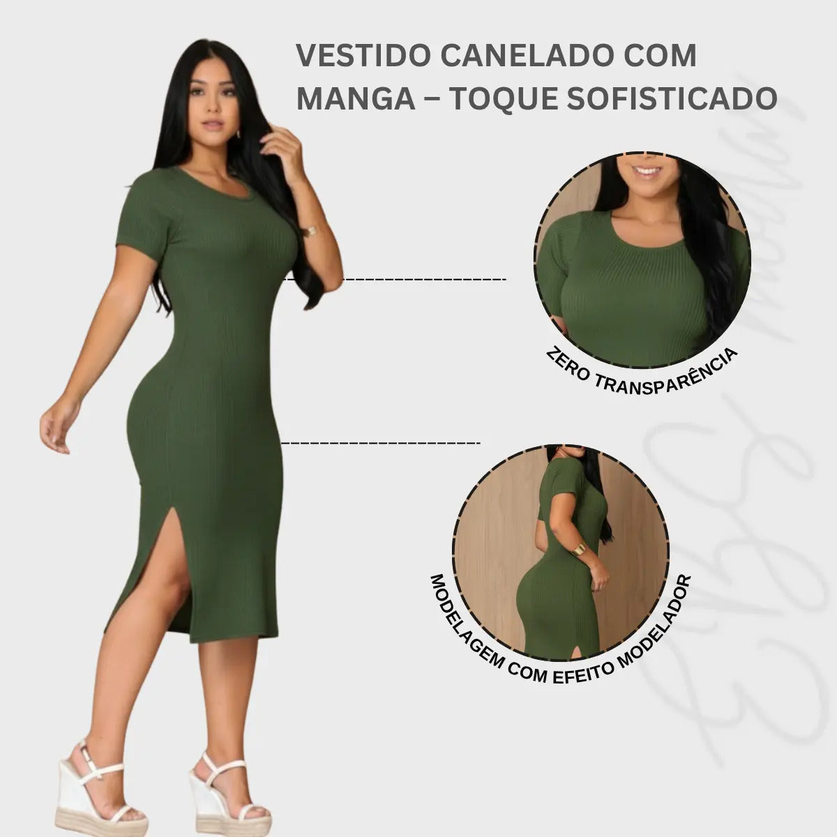 Vestido Canelado Midi Com Manga e Fenda Lateral Casual Básico